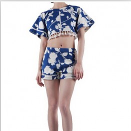 TE3879NX Digital lotus leaf print tassel short tops with shorts