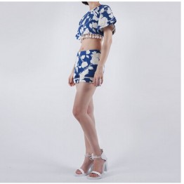 TE3879NX Digital lotus leaf print tassel short tops with shorts