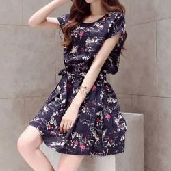 TE3913MY Shivering print lacing waist short sleeve dress