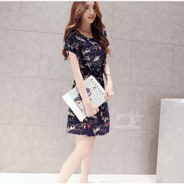 TE3913MY Shivering print lacing waist short sleeve dress