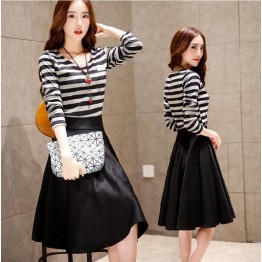 TE3928MY Autumn fashion stripes long sleeve T-shirt with A-line skirt