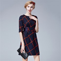 TE5852NS Half sleeve empire waist bowknot back checks dress