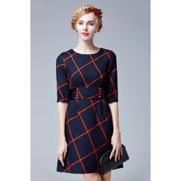 TE5852NS Half sleeve empire waist bowknot back checks dress