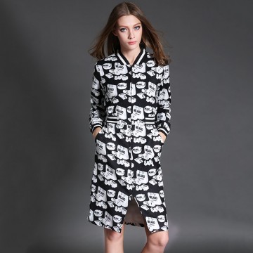 TE6019HYXMW Autumn temperament print zipper v-neck long sleeve dress