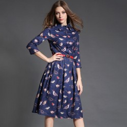 TE6021HYXMW High quality birds print buttons long dress