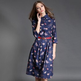 TE6021HYXMW High quality birds print buttons long dress