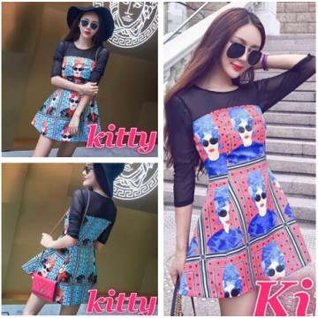 TE6212YZL Designer mesh splicing beauty print dress