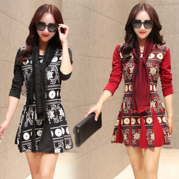 TE6575YYM Autumn Korean fashion slim print long dress with scarf