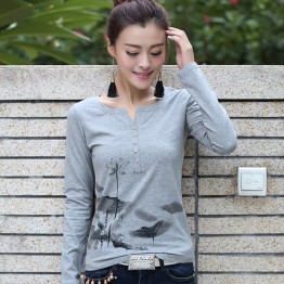 TE8032WSSP Autumn slim print lace splicing back long sleeve T-shirt