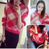 TE8237BLFS Korean fashion diamond check color matching pullover sweater