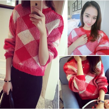 TE8237BLFS Korean fashion diamond check color matching pullover sweater