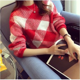 TE8237BLFS Korean fashion diamond check color matching pullover sweater