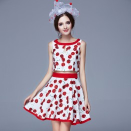 TE9079LLYG Europe fashion cherries print sleeveless tops with A-line skirt