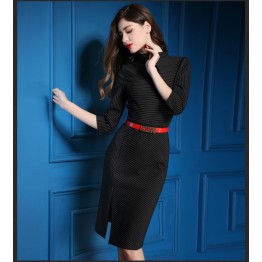 TE9083LLYG Europe fashion stand collar temperament stripes dress