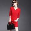 TE9084LLYG Europe fashion v-neck pure color pocket slim dress