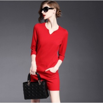 TE9084LLYG Europe fashion v-neck pure color pocket slim dress