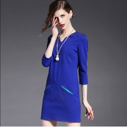 TE9084LLYG Europe fashion v-neck pure color pocket slim dress