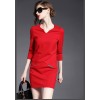 TE9084LLYG Europe fashion v-neck pure color pocket slim dress