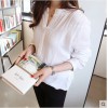 TE1102YMNZ Loose V-neck cotton ramie long sleeve blouse