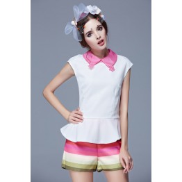 TE9628LLYG Doll collar flouncing short sleeve tops with stripes shorts