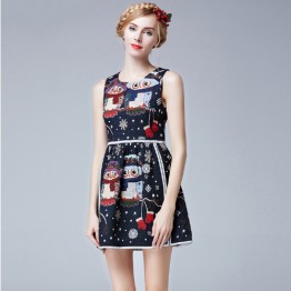 TE9631LLYG Europe fashion round neck owl print jacquard weave sleeveless dress