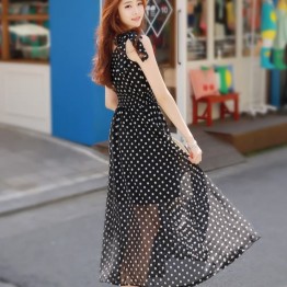 TE9853MSJ Bowknot shoulder sleeveless dot chiffon maxi dress