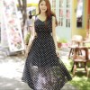 TE9853MSJ Bowknot shoulder sleeveless dot chiffon maxi dress