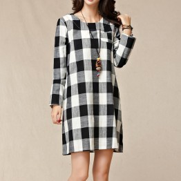 TE9854MSJ Large size loose checks long sleeve dress