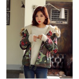 TE0853DNFS Korean fashion camouflage flowers lamb lining thicken coat with cap