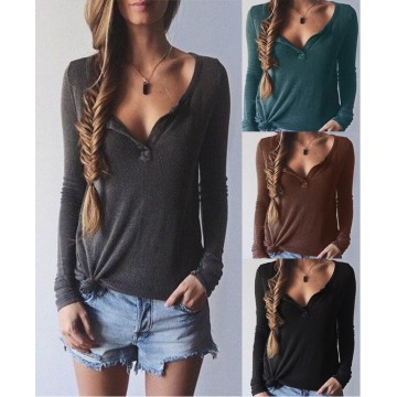 TE0856DNFS Hot sale rib cotton v-neck long sleeve t-shirt