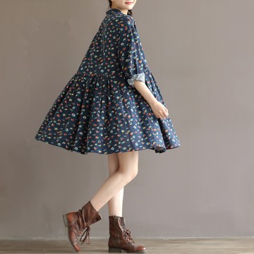 TE1665MLCS Shivering print long sleeve bowtie neck loose dress