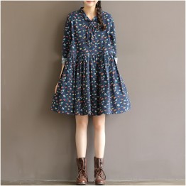 TE1665MLCS Shivering print long sleeve bowtie neck loose dress