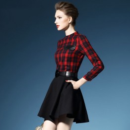 TE2729AMN New style checks splicing temperament A-line dress