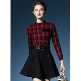 TE2729AMN New style checks splicing temperament A-line dress