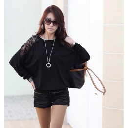 TE5510DFYL Fashion lace splicing batwing sleeve loose t-shirt