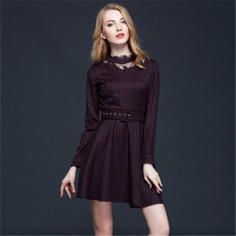 TE5856NS OL Autumn slim waist England checks lace ornament dress