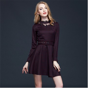 TE5856NS OL Autumn slim waist England checks lace ornament dress