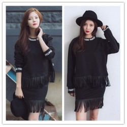 TE6318YZS Letters print pu tassel sweatshirt with tassel skirt