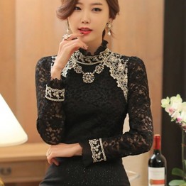 TE6633SOLO Thicken wool stand collar long sleeve lace backing shirt
