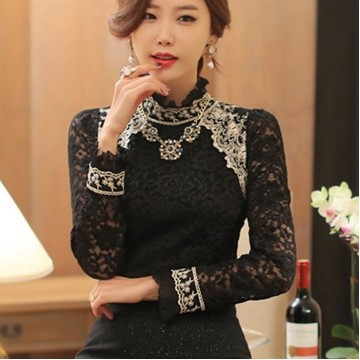 TE6633SOLO Thicken wool stand collar long sleeve lace backing shirt