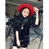 TE8076XWFC Winter plush rabbit half sleeve dress with warm scarf