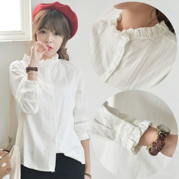 TE8305TTFS Preppy style fresh agaric lace stand collar ramie shirt