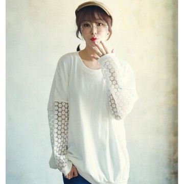 TE8377XYZ Loose pure color casual lace splicing sleeve t-shirt