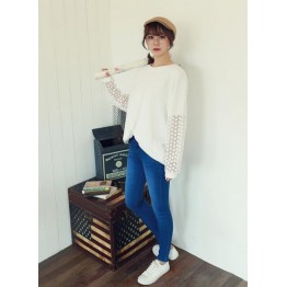 TE8377XYZ Loose pure color casual lace splicing sleeve t-shirt