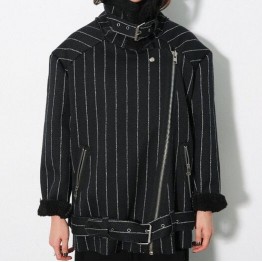 TE8838HYG Korean fashion vertical stripes stand collar lamb wool motorcycle jacket