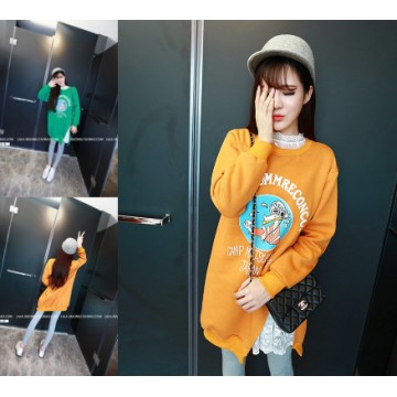 TE8942JYFS Cartoon letters print side slit wool lining long sweatshirt