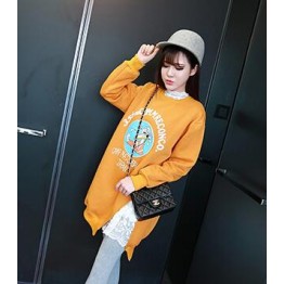 TE8942JYFS Cartoon letters print side slit wool lining long sweatshirt