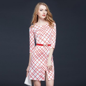 TE9091LLYG Europe fashion irregular rhombus print slim dress