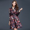 TE9093LLYG Vintage print jacquard weave v-neck long sleeve dress