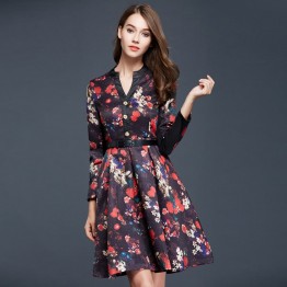 TE9093LLYG Vintage print jacquard weave v-neck long sleeve dress